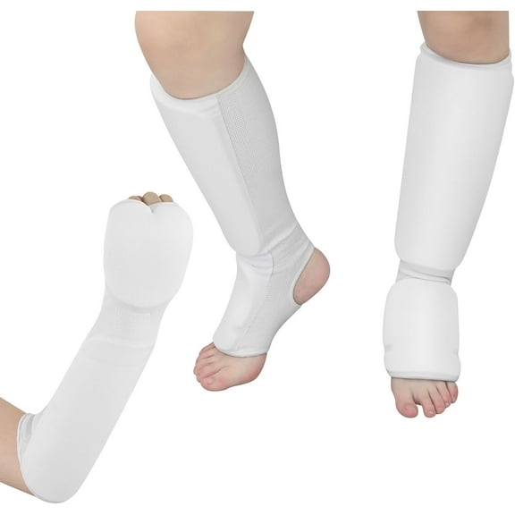 BlinkLLX 2 Pairs Shin Instep Guard and Fist Forearm Sparring Taekwondo White Foot Protective Gear Protector Hand Padded Arm Sleeves for Sparring Martial Arts MMA Kickboxing Muay Thai