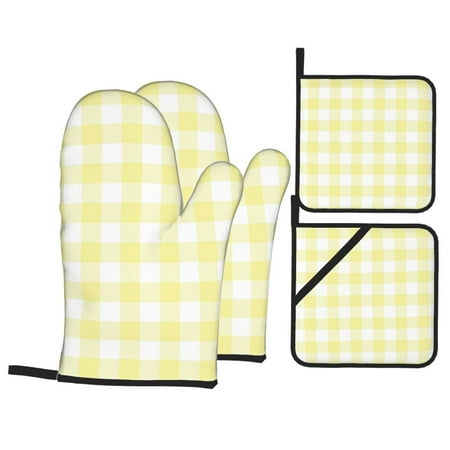 

Oven Mitts and Pot Holders Sets 4 pcs - Lemon Yellow Checkboard A Heat Resistant Silicone Oven Gloves with Non-Slip Silicone Surface and hot pads for kitchen Baking Cooking BBQ