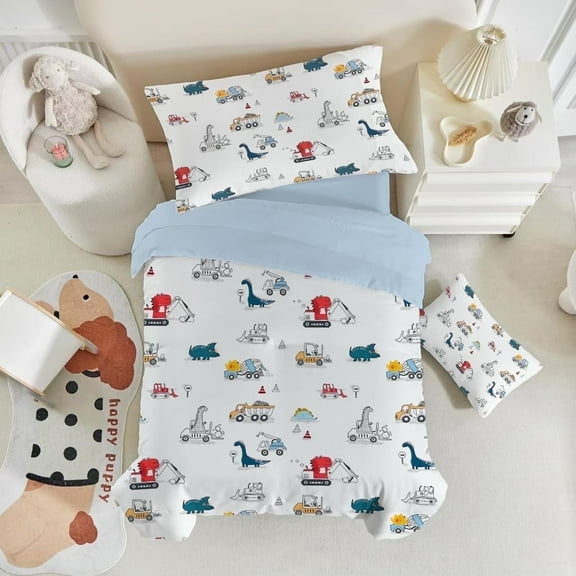 Toddler Bedding Sets for Babys Boys Girls Kids Dinosaur Cars Toddler Crib Comforter Set Flat Sheet Fitted Sheet and Pillowcase 4 Pieces White