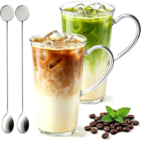 Glass Coffee Mugs Set of 2, 18 oz Large Coffee Mugs with Handles and Long Spoons,Tall Iced Coffee Glasses for Latte, Cappuccino, , Juice, Water