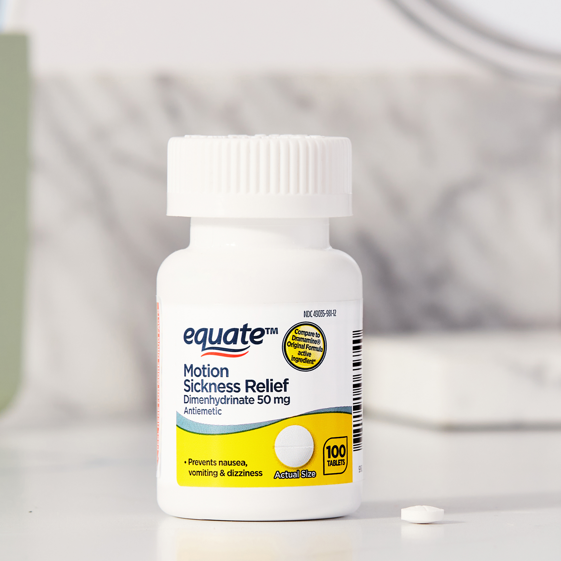 Equate Tabletas de Alivio para el Mareo por Movimiento Dimenhidrinato, 50 mg, 100 unidades, Comparar con Ingredientes Activos de Dramamine® Fórmula Original 2