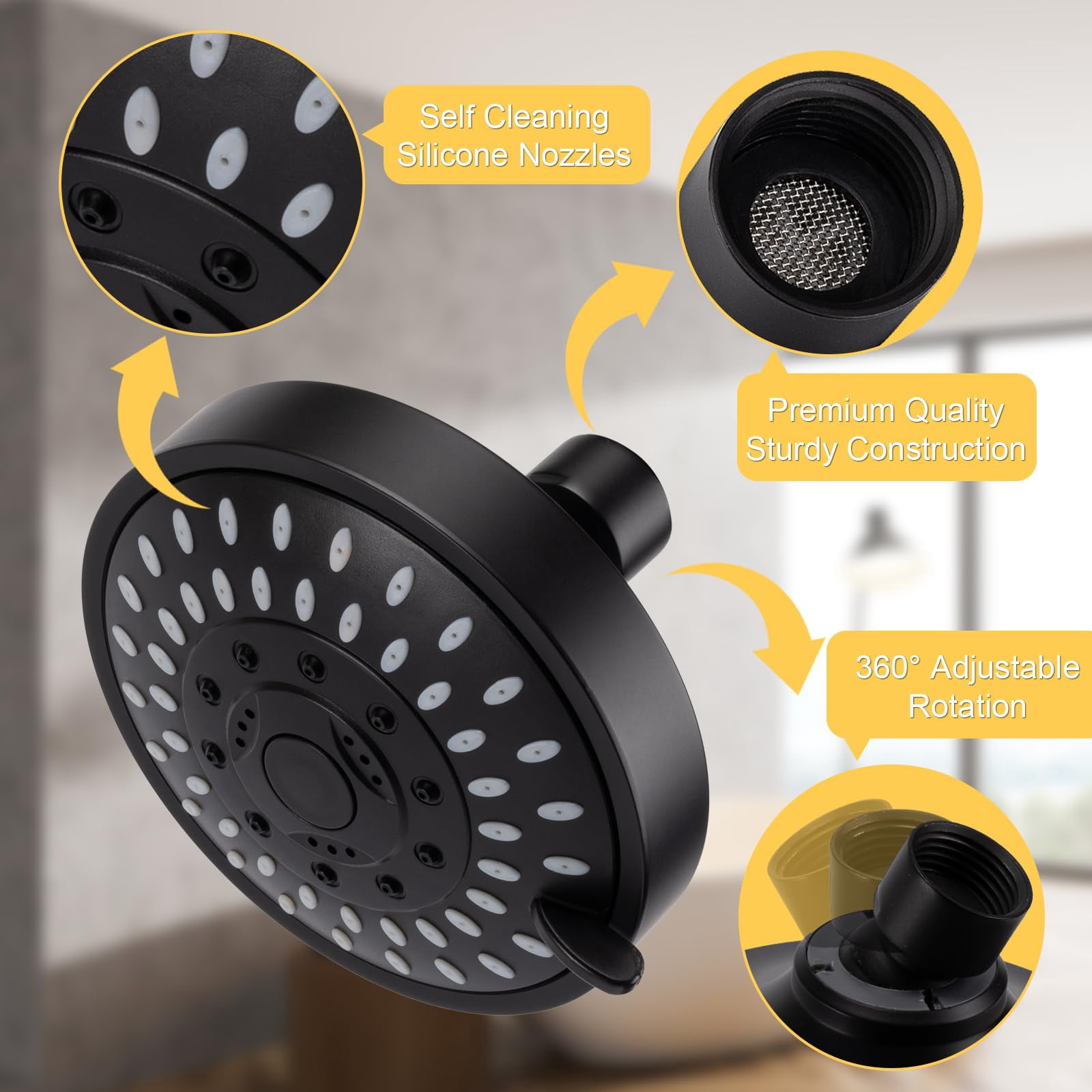 Shower Head High Pressure Rain Fixed Showerhead 5-Setting with Adjustable Metal Swivel Ball Joint - Relaxed Shower Experience Even at Low Water Flow & Pressure