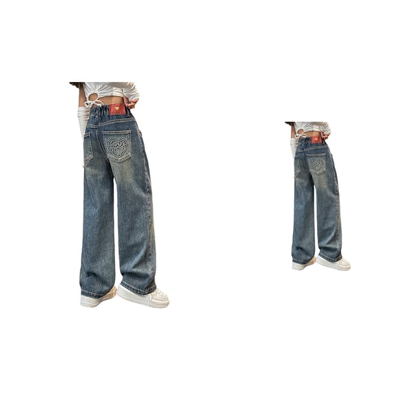 Baggy Wide Leg Jeans for Girls 4-14 Years – Elastic Waist Denim Pants with Multiple Cargo Pockets, Cute Comfortable Tween Clothing