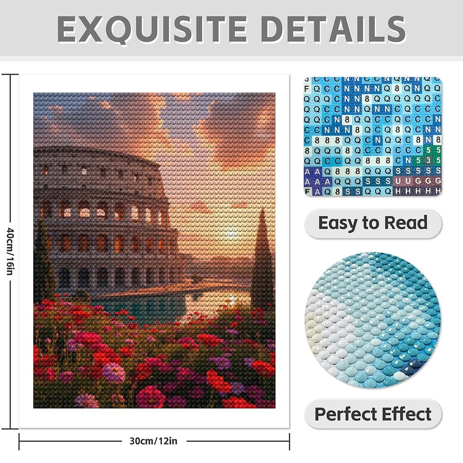 Diamond Art Kit for Adults, Colosseum Sunset Flowers Reflection Diamond Painting for Adults Beginners, 5D DIY Diamond Art Painting Kits, Colorful Diamond Painting Craft for Home Decor 12x16