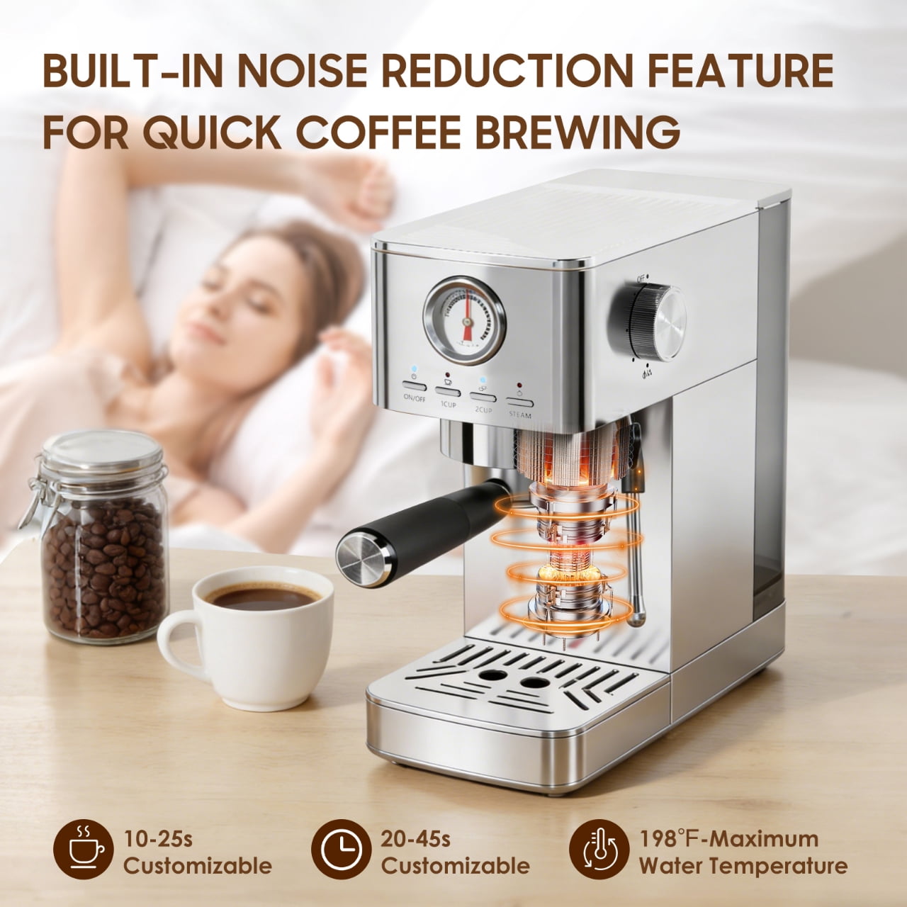 Espresso Machine, 20 Bar Visible High Pressure Gauge, 47 OZ Water Tank with Milk Frorther Silver, Automatic Stainless Steel Espresso Maker, Gift for Coffee Machine Enthusiasts