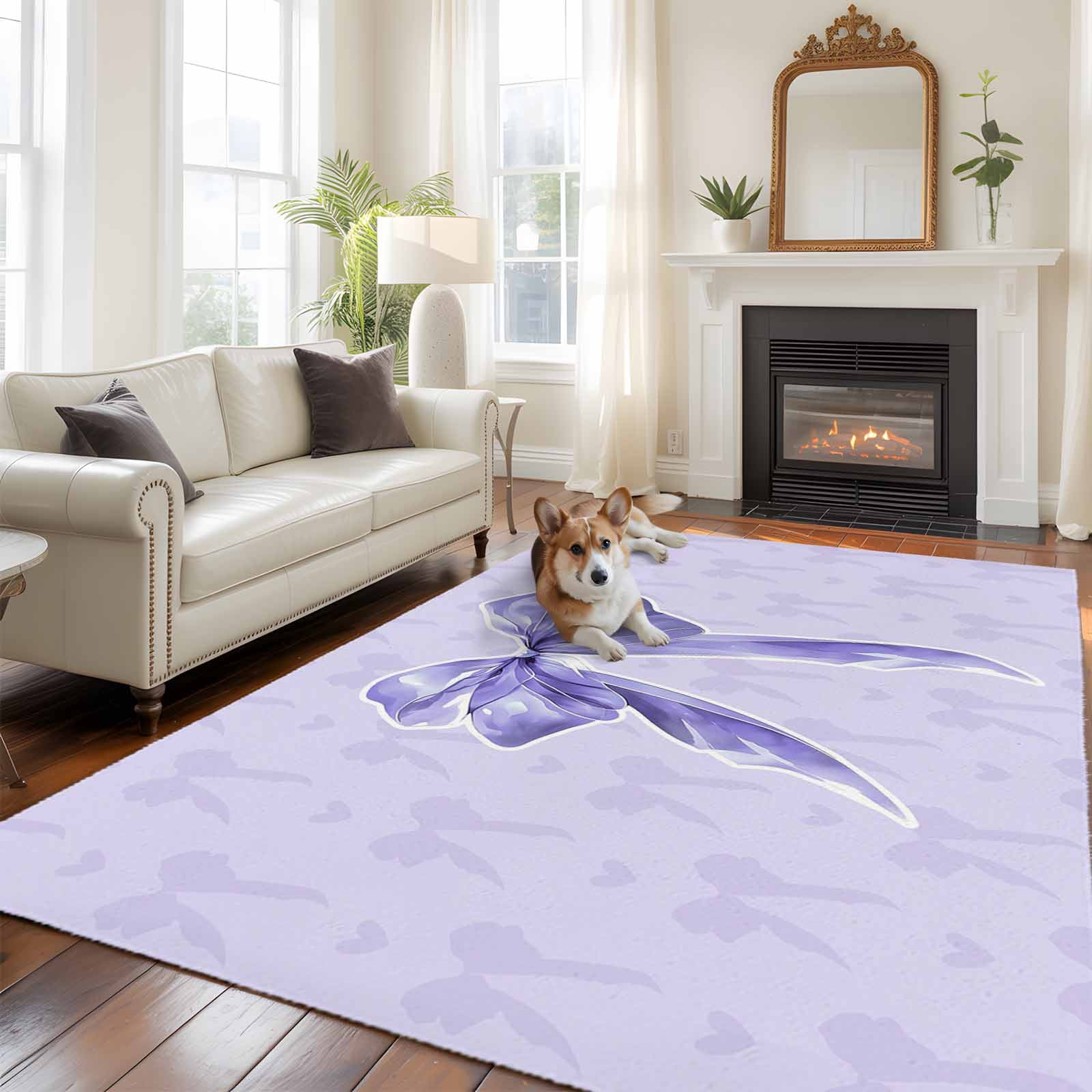Purple Bow Area Rugs 8'x10', Washable Small Throw Rugs for Living Room Patio, Cute Bowknot Simple Pure Color Indoor Outdoor Rug Non-Slip Low Pile Carpet Runner Reversible Floor Mats