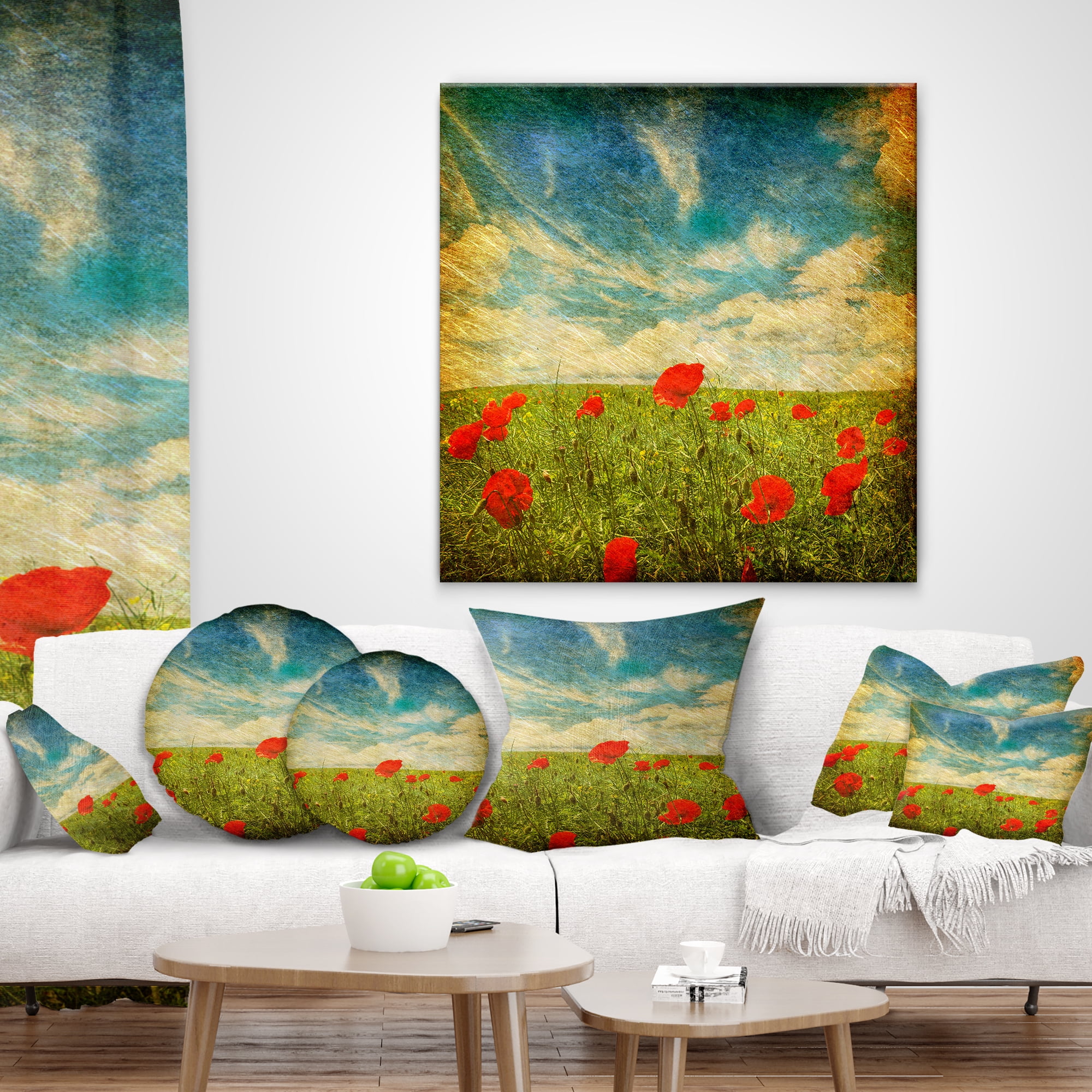 Designart Sky Background with Red Poppies - Floral Throw Pillow - 18x18