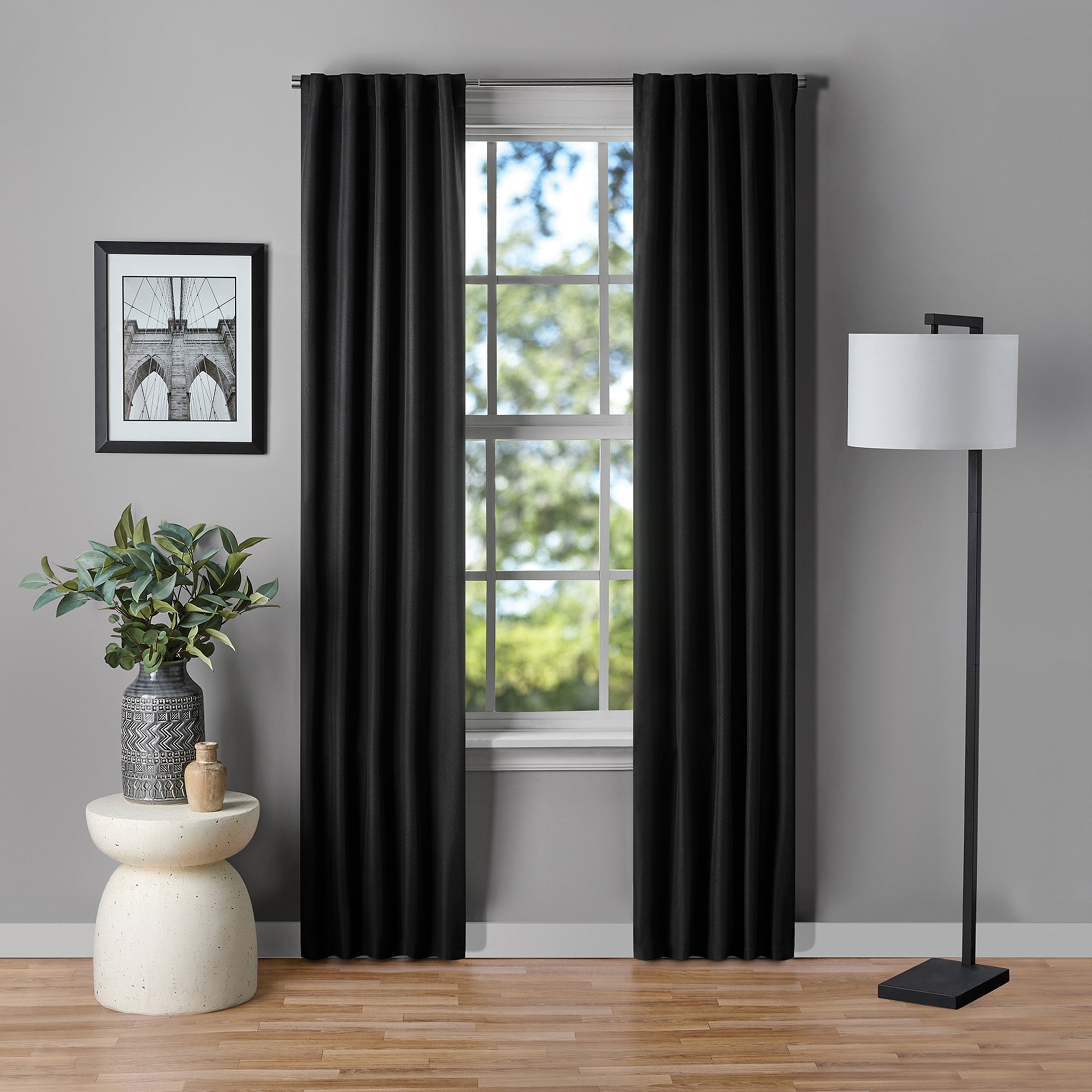 Mainstays Black Solid Blackout Rod Pocket with Back Tabs Curtain Panel Pair, Set of 2, 30" W x 84" L