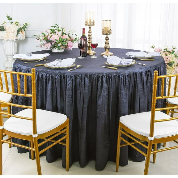 Wedding Linens Inc. 72"W x 30"H Round Ruffled Fitted Crushed Crinkle Taffeta Tablecloth Table Cover Linens With Skirt - Pewter / Charcoal