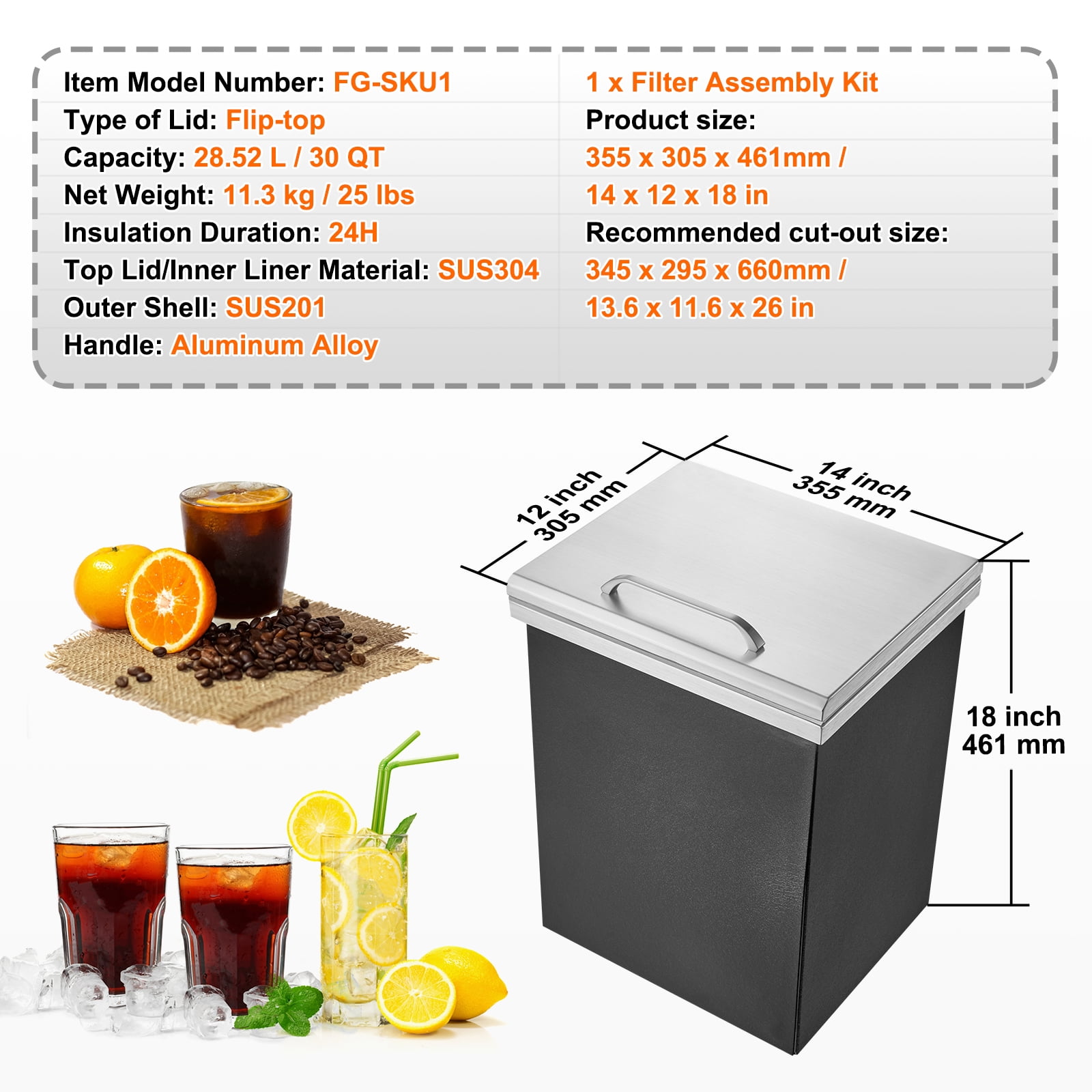KFFKFF Inset Ice Storage, 14"L x 12"W x 18"H Stainless Steel Chilled Container, Professional Ice Holder with Flip Lid, 40 qt Patio Kitchen Ice Station, Drainage Tube and Drain Stopper Included
