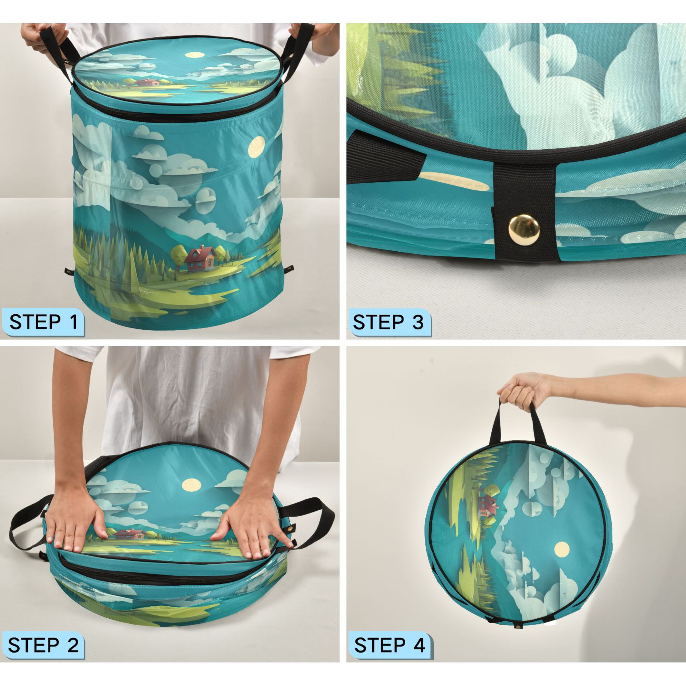50L Extra Large Popup Hamper Collapsible Laundry Basket With Zippered Lid 15.7x18.5in A Landscape