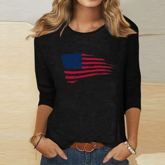 BRGZLK American Flag T-Shirt For Women Fashion Independence Day Flag Printed Blouse Casual 3/4 Sleeve Loose Round Neck Holiday Tops Black XXL