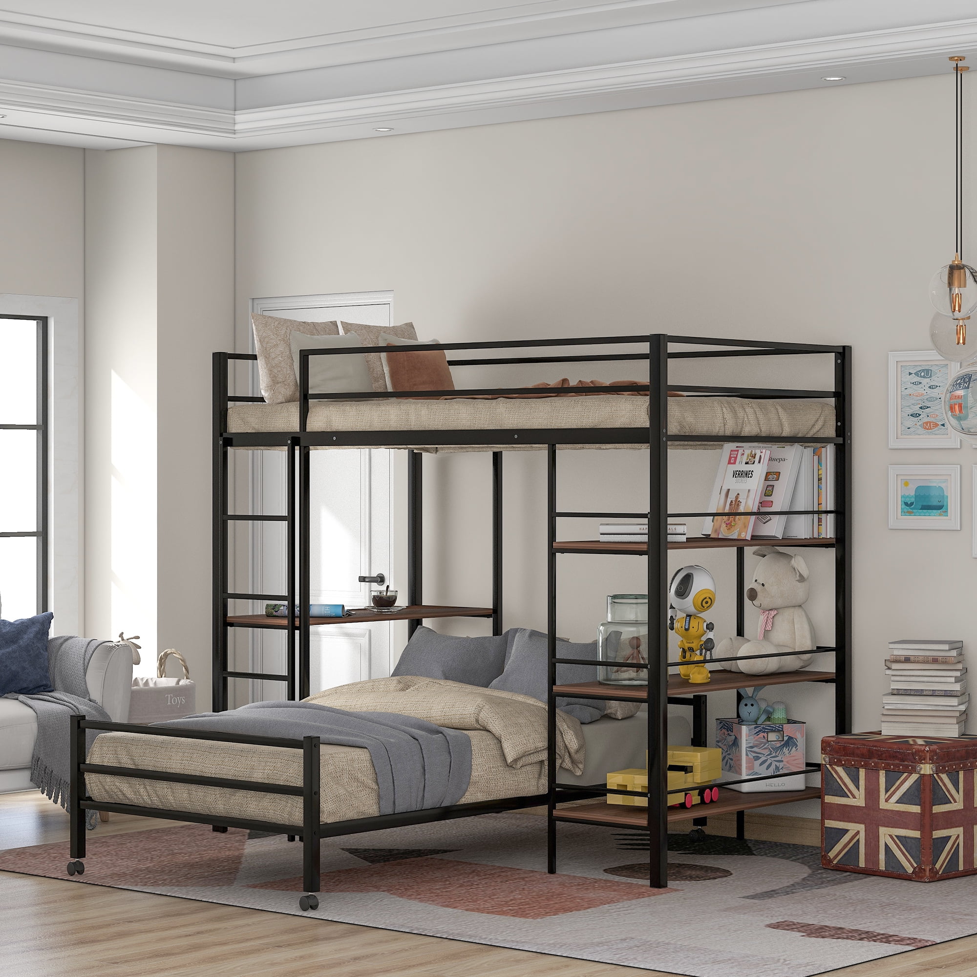 Euroco Metal Bunk Bed With Desk Twin, Queen And Twin Bunk Bed With Desk