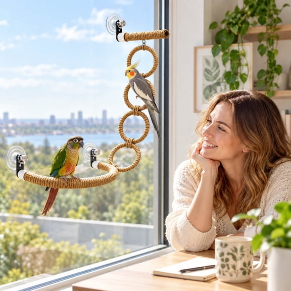 Bird Window Perch Suction Cup Bird Stand with Climbing Rings Rope Wrapped Detachable Window Playground for Budgies Lovebirds Parrotlets