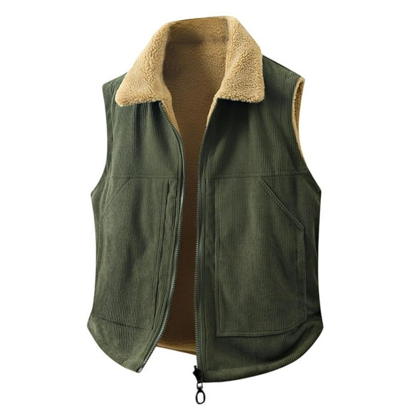 HOOMEUMY Men's Corduroy Vest Jackets Fall Winter Warm Fleece Lined Zipper Lapel Sleeveless Plus Size Coats Loose Comfy Waistcoat (Army Green,XXL）