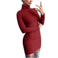 thumbnail image 3 of Ikevan Women Solid Long Sleeve Sweater Dress Tight Turtleneck Pullover Dress Red 4(S), 3 of 6