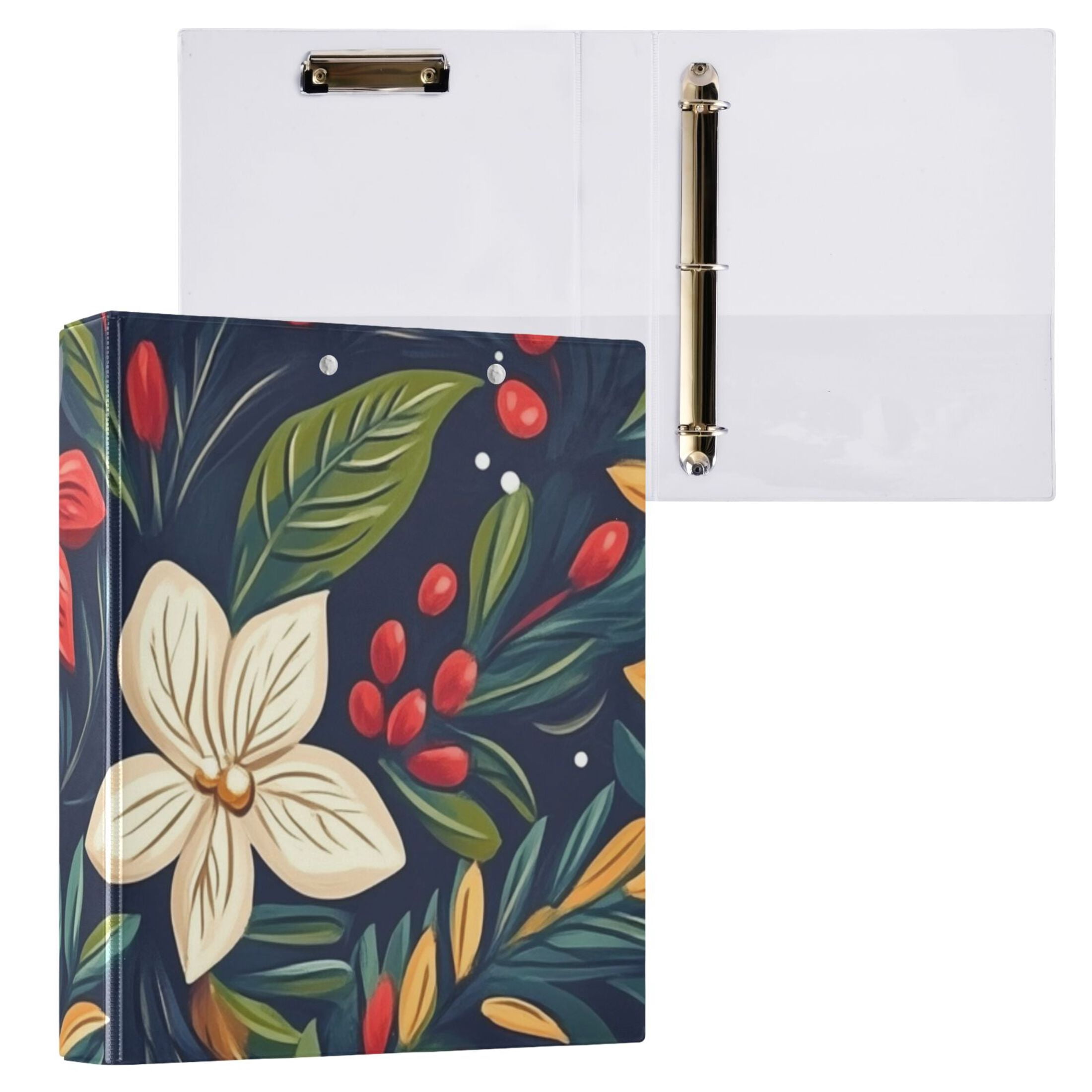 Christmas Flowers 3 Ring Binders 1.5 inch Hardcover File Folders with Interior Pockets A4 Size Organizer for School Office Hospital