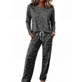thumbnail image 5 of Pajamas For Women Leopard Print Loungewear Set Crew Neck Long Sleeve Top And Drawstring Wide Leg Pants Two Piece Pajama Set, 5 of 6