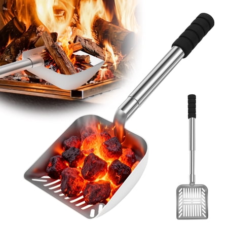 16.3 to 20.7 Inch Adjustable Fireplace Shovel Hollow Out Ash Sifter for Wood Stove Fireplace and Fire Pit Heat Resistant Metal Coal Scoop with Ergonomic Handle
