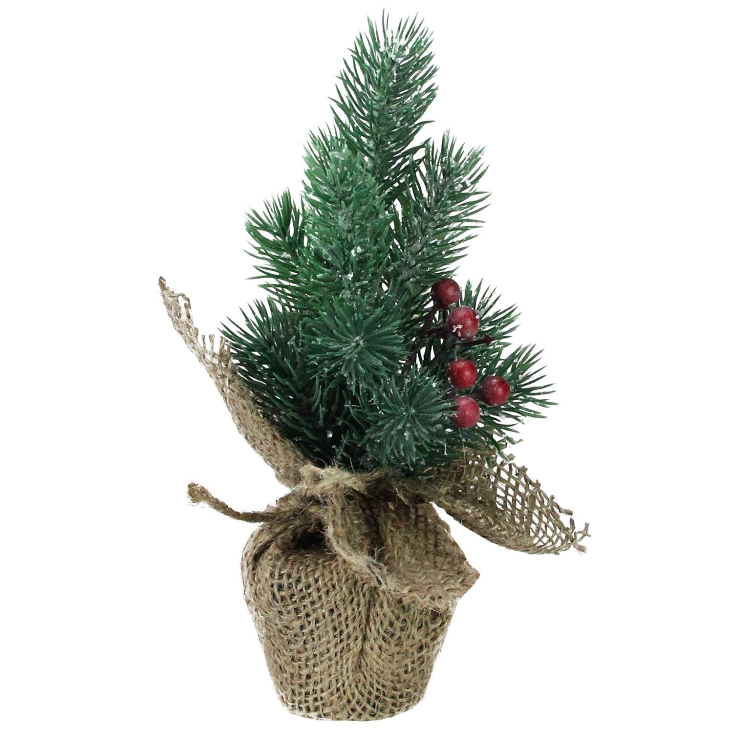 9.5" Mini Pine Christmas Tree with Berries in Beige Burlap Pot