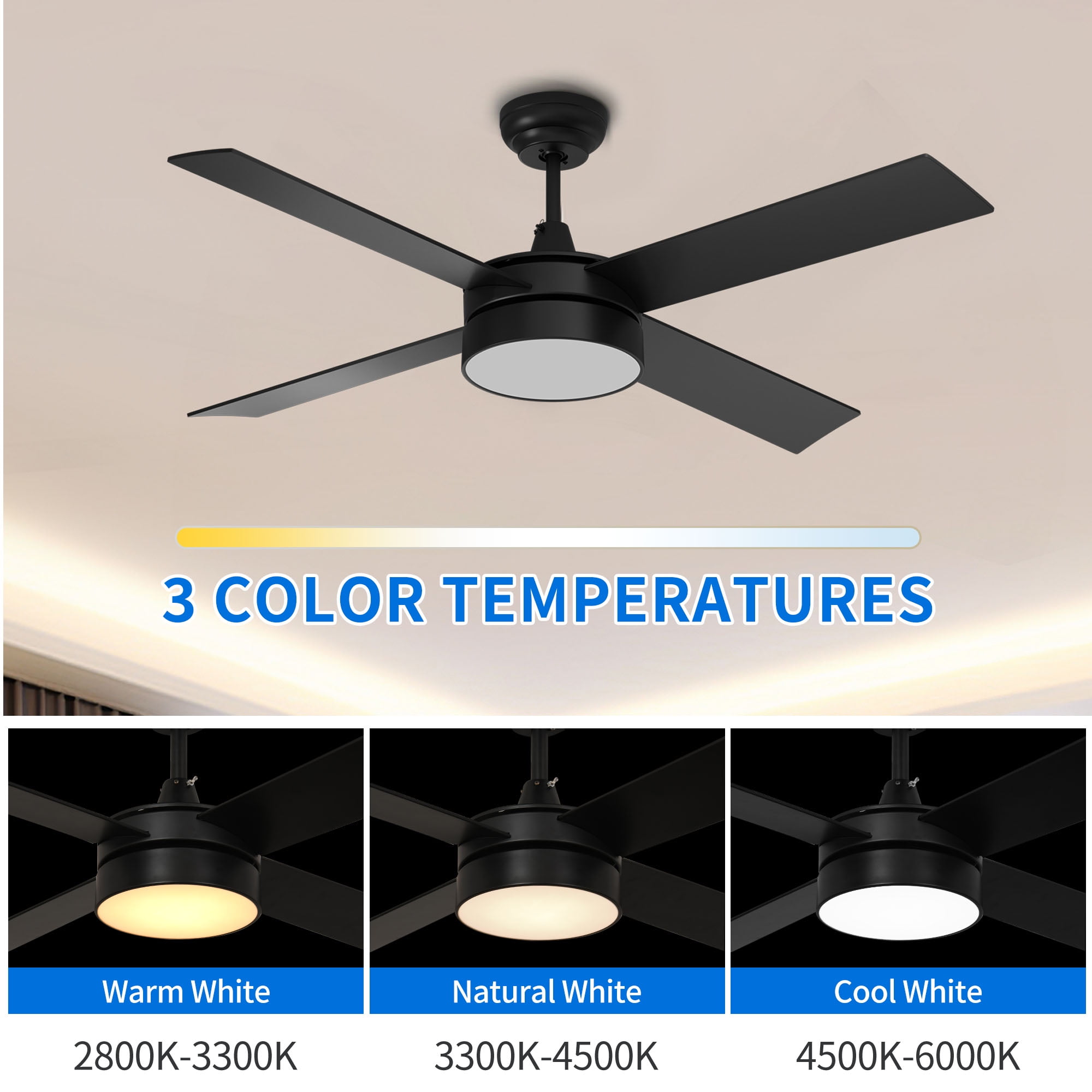 Dextrus 48in Black Ceiling Fans with Light and Remote, Dimmable Fanlight for Indoor Outdoor, Light Fan with Stepless Color Temperature, Memory Function, Night Light Mode,4 Blades