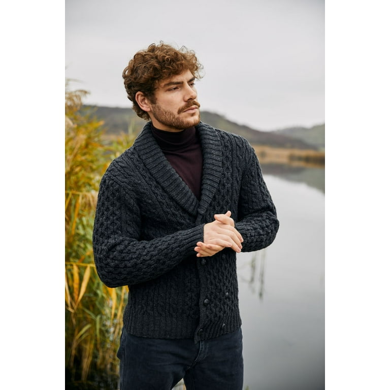 SAOL 100% Merino Wool Double Breasted Shawl Irish Cardigan Sweater Men's  Cable Knit Aran Buttons Sweater Made in Ireland