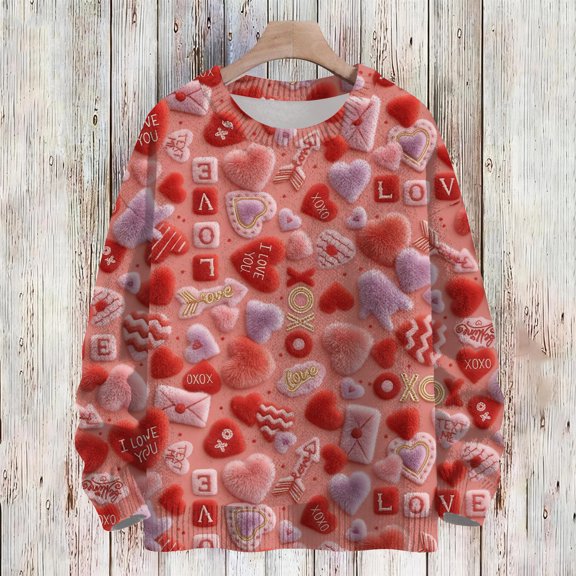 Dwralegc Valentines Sweater for Women Heart Print Casual Sweater Crew Neck Long Sleeve Cute 2026 Plus Size Pullover Sweatershirt Watermelon Red 2XL