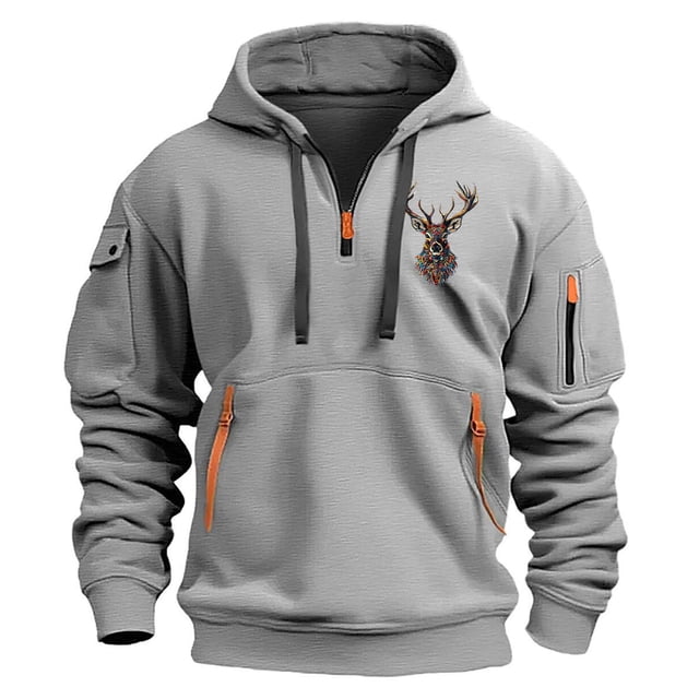 Styesk Sweatshirts for Men Men's Spring And Fall Printed Hooded Sweatshirt Zipper Multi-Pocket Pullover Sweatshirt