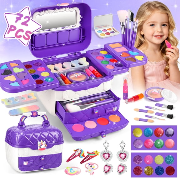 Huge Wave 72 PCS Kids Makeup Kit for Girl Toys, Real Washable Makeup Set for Little Girls, Princess Toys Birthday Gift for 3-12 Year Old Girls deal