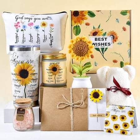 AGH Sunflower Gift Set with 20oz Stainless Steel Tumbler, Candle, Bath Salt, Plush Bear, Cosmetic Bag, Mirror, Greeting Card, Crochet Flower – Birthday, Mother’s Day, Thank You Gifts for Women
