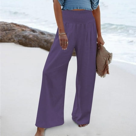 

High Waist Wide Leg Palazzo Lounge Pants For Women Smocked Elastic Waist Loose Comfy Casual Pajama Pants Pockets Purple XXXXL