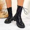 thumbnail image 2 of Rokment Fall Winter Platform Mid Calf Combat Boots for Women Fashion Casual Leather Side Zip up Chunky Riding Ankle Booties Black White Black Size 6, 2 of 7