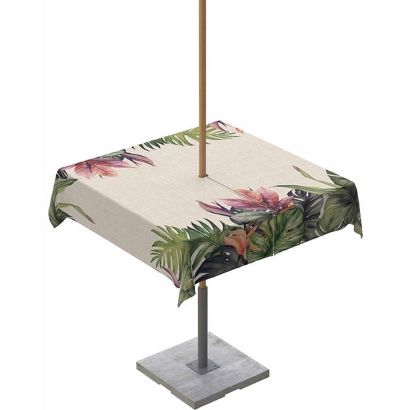 Fsddascl Palm Leaves Outdoor Tablecloth - 60x60 Inch Square Dining Table Cover, Summer Botanical Tropical Plants Rustic Waterproof Outdoor Table Cloth with Umbrella Hole & Zipper for Picnic/Patio
