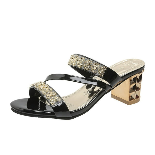 Ladys Sandals Slip on Cross Strap Rhinestone Bilingbiling Bright Surface High Chunky Heels Open Toe Arch Support Non Slip Breathable Summer High Heels Black