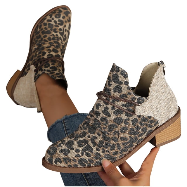 Cameland New European/American Pointed Rectangle Heel Leopard Print Fashion Short Boots Back Zipper Single Boot