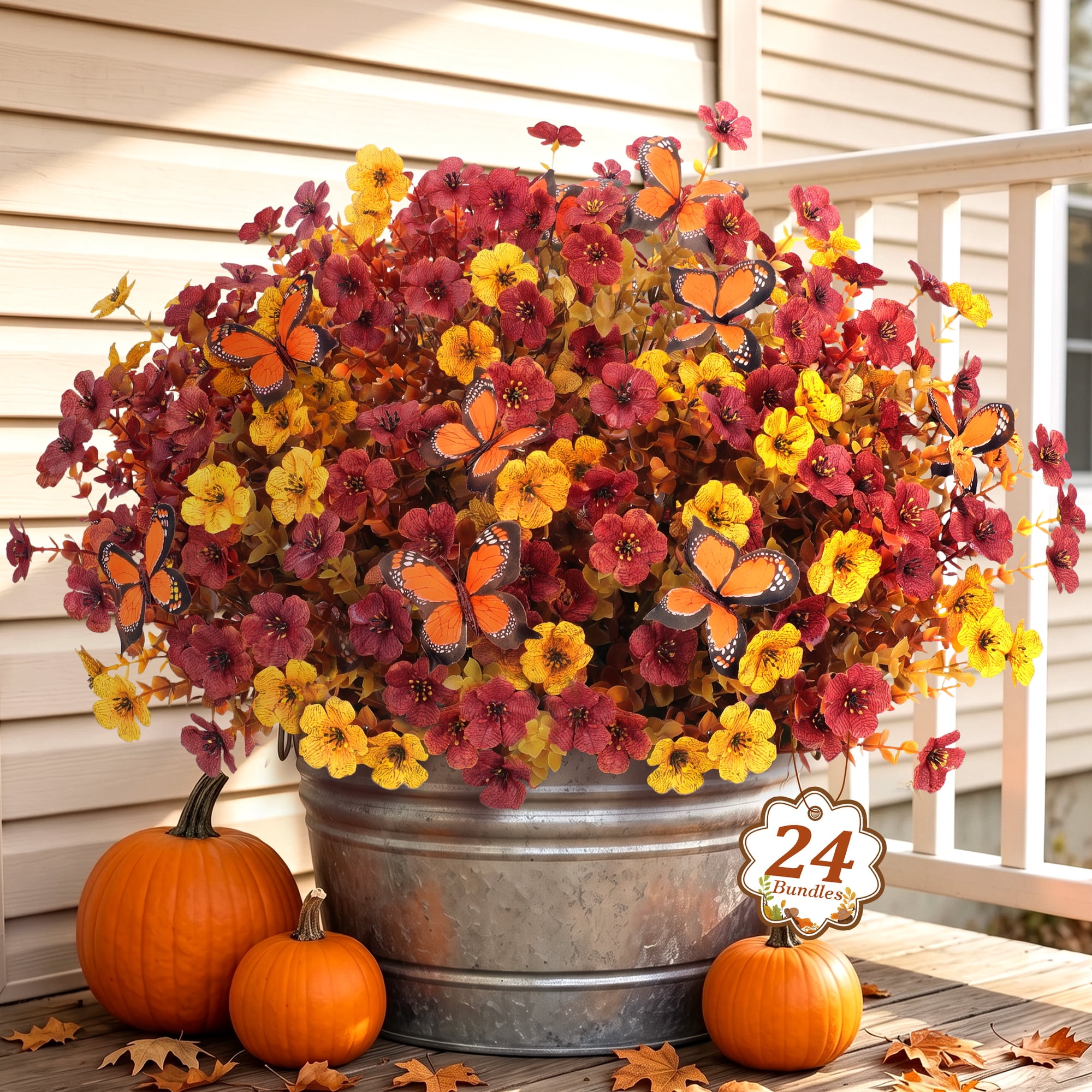 AcerichFad Artificial Fall Flowers Outdoors, 24 Bundles Autumn Fake Silk Flowers Faux Plants with Butterflies Fall Decorations for Home Outside Yard Garden Porch Patio, Red Yellow