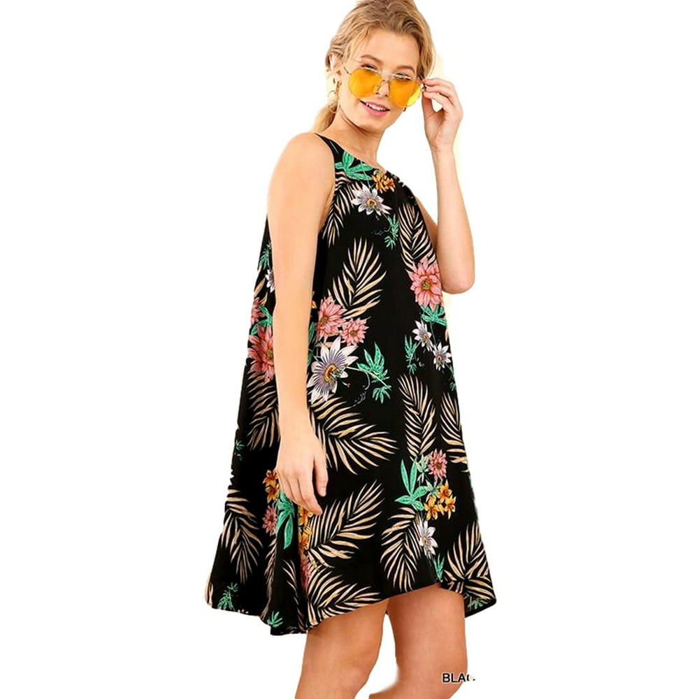 Umgee - Sleeveless Floral Shift Dress with VNeck Back and Drawstring ...