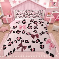 Manfei Animal Leopard Print 3 Pieces Queen Comforter Set for Female Men Teens,Kawaii Bow Knot Ultra Soft Bedding Sets,Dreamy Princess Bedding Comforter Set,Breathable Home Decor,Reversible