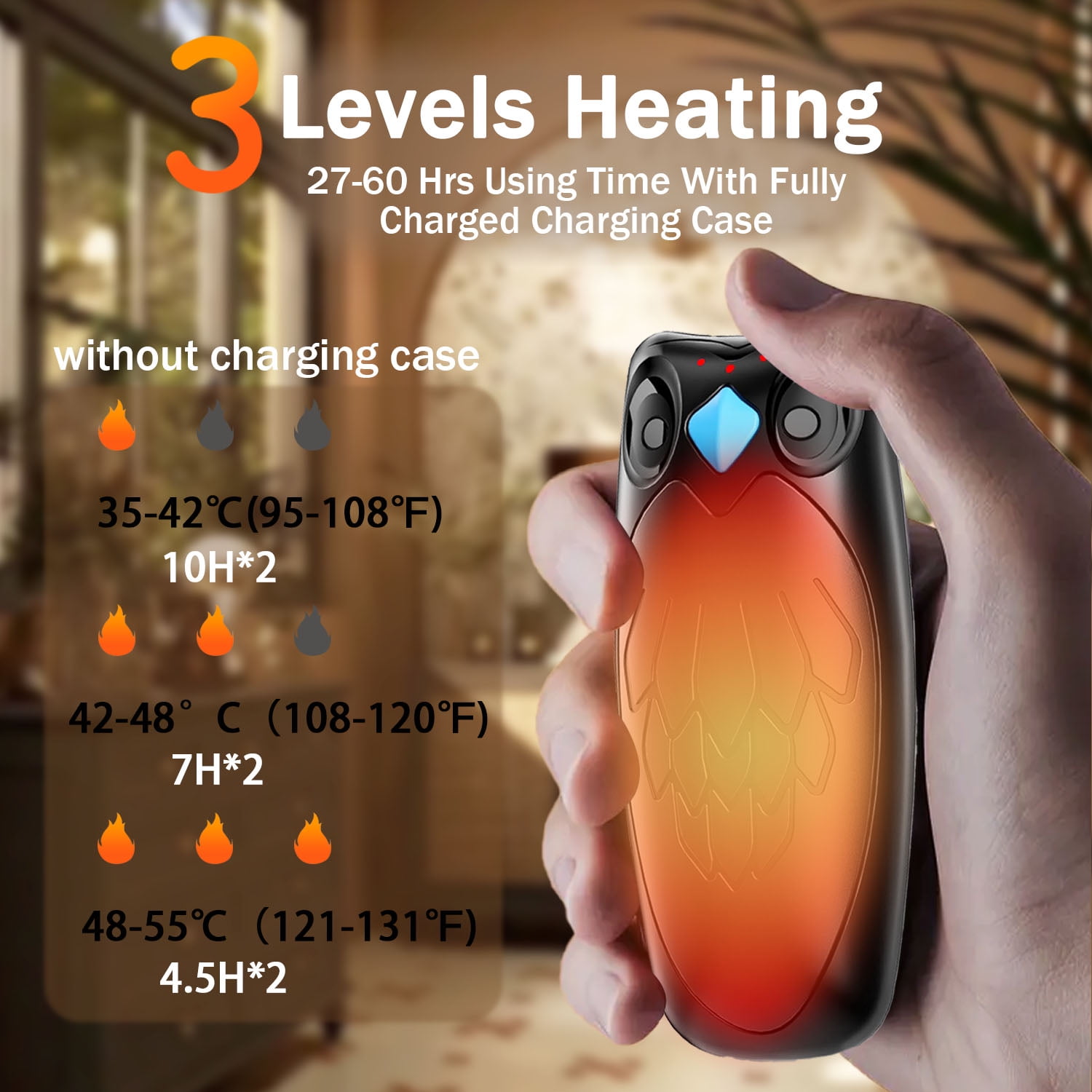 60Hrs heat  rechargeable hand warmers & case! 1s instant warmth, 3 settings, & magnetic design. Ideal for hiking, skiing