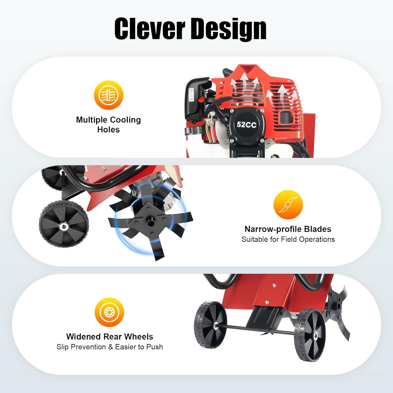 52cc Gas Power Garden Tiller Cultivator, 2-Stroke Mini Gasoline Tiller Hand Rotary Cultivator Garden Tool 0.2gal 14.17in Width Farmyard Rototiller for Sandy Land Loose Soil