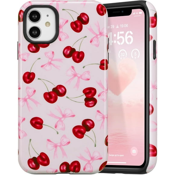 TEMOGU-Case for iPhone 12/iPhone 12 Pro, Cute Pink Bow Cherry Print Aesthetic Trendy Pattern for Women Girls Slim Durable Bumper Shockproof for iPhone 12/iPhone 12 Pro Case, Pink Ribbon/Glossy