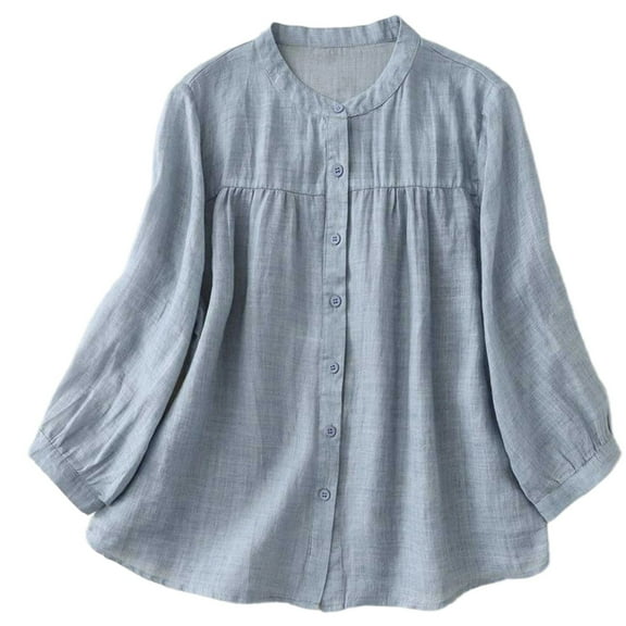 ShiShine Women's Plain Solid Button Front 3/4 Sleeve Shirt Casual Loose Smocked Crewneck T-Shirt Tops