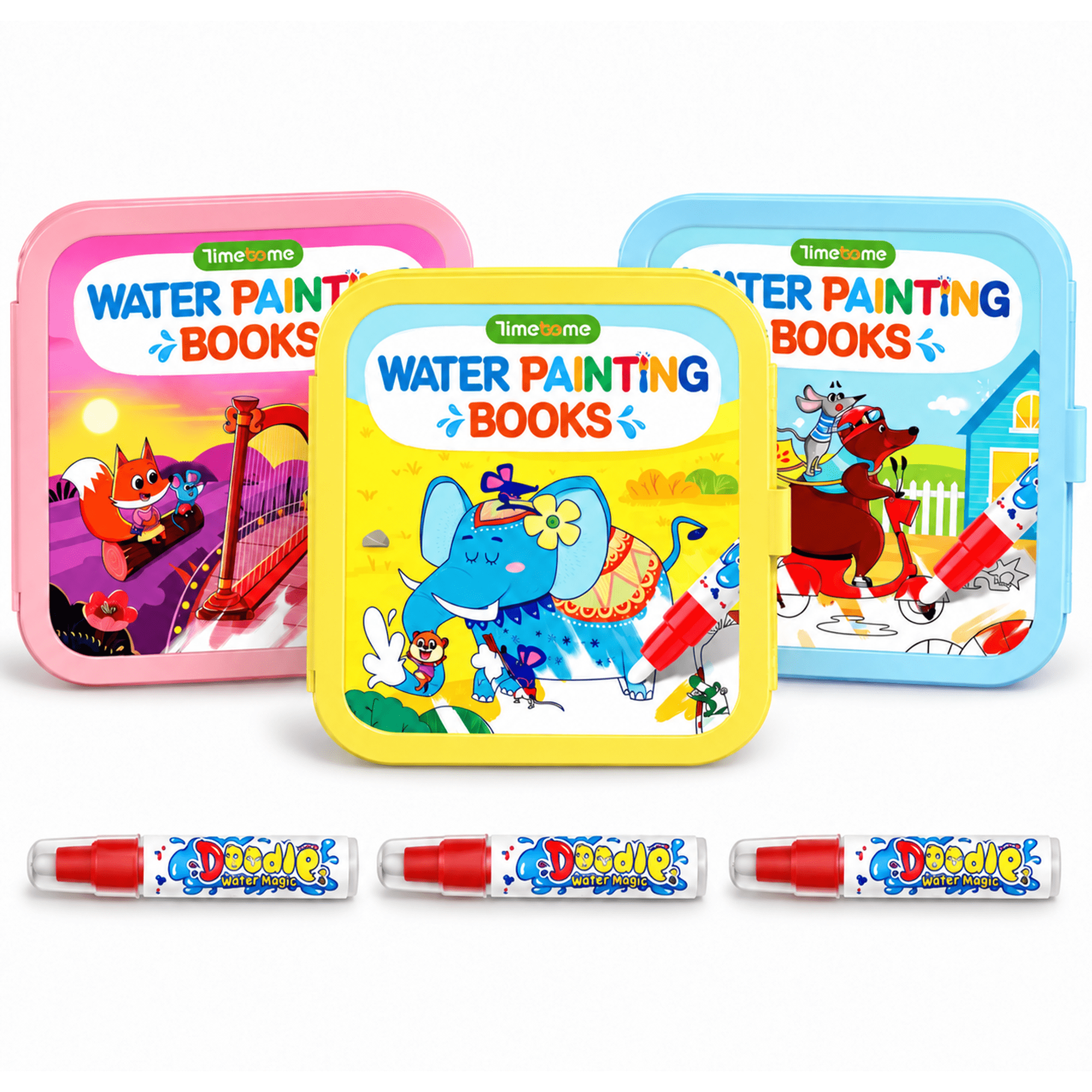 Timetome 3-Pack Water Painting Books for Kids Ages 3+, Reusable Water Coloring & Paint with Water Books with 3 Pens, Mess-Free Activity