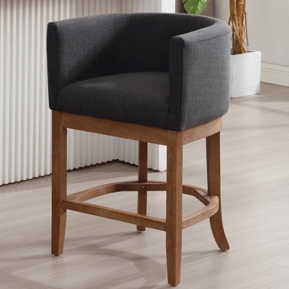 26 Inch Farmhouse Counter Height Bar Stools for Kitchen Island, Modern Wooden Upholstered Barstools with Barrel Back/Arm/Footrest, Charcoal Linen Bar High Kitchen Island Stools Chairs