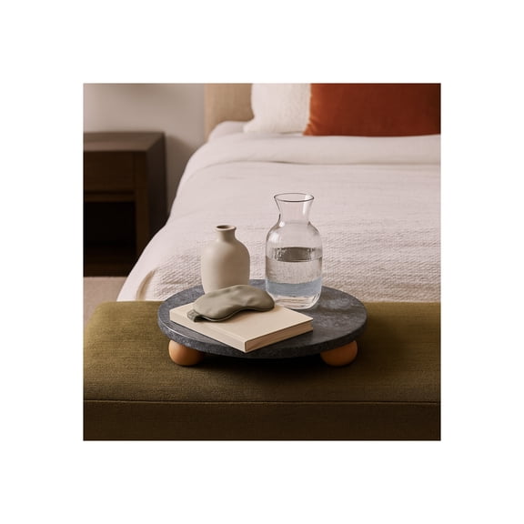 House Decor Tray for Bed or Coffee Table - Chic Marble Round Tray on Wood Ball Feet for Home Decor Accent - Contemporary Tray for Trinket, Jewelry, and Bathroom Vanity - 10", Black & Brown