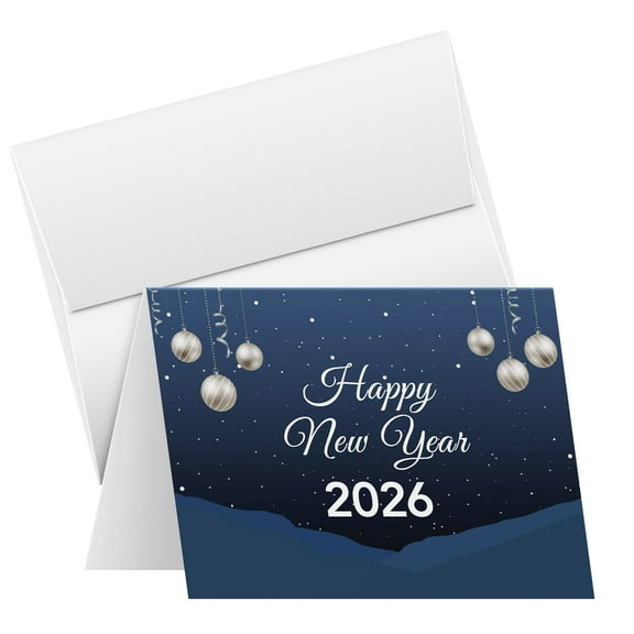 2026 Happy New Year Cards and Envelopes | Elegant Christmas, Holidays, Xmas, New Year's Eve Blue Thank You Invitation Greeting Cards Set – 25 Half Fold Cards and A7 Envelopes | 5 x 7 inches (A7 Size)