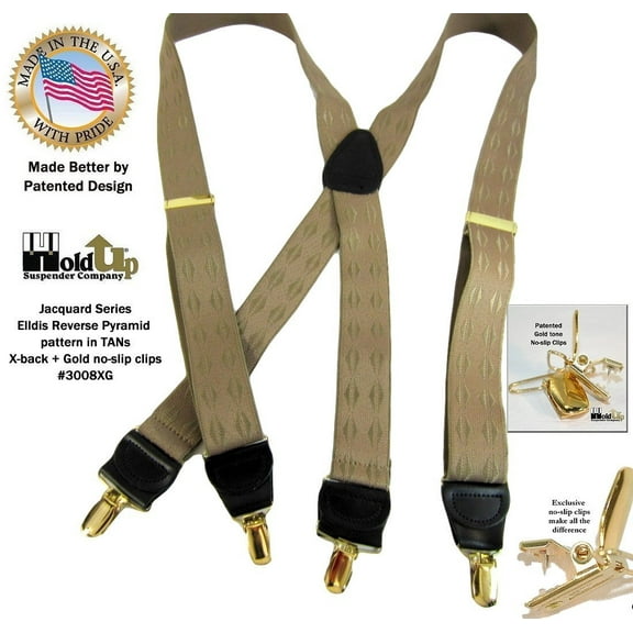 Jacquard Series Elddis diamond Pattern Tan X-back Holdup Suspenders with No-slip Gold-tone Clips