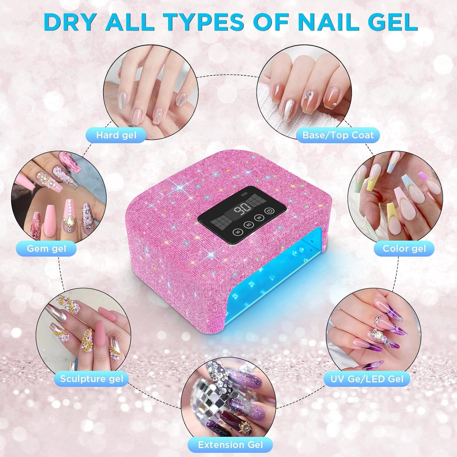 Cordless UV Nail Lamp, 120W Rechargeable UV Light for Gel Nails, LED Nail Lamp with 4 Timer Modes, Nail Dryer Fully Decorate with Sparkling Nail Rhinestones Diamond(red)