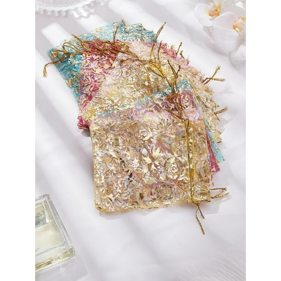 1set 20pcs 4 colors Rose Printed Organza Bags Wedding Favour Bags Gift Bags Rectangle Mixed color 12x10cm 5pcs/color