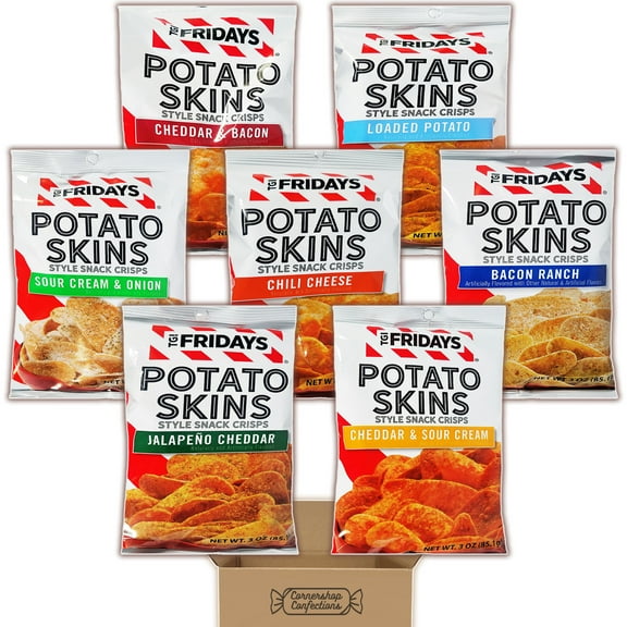 TGI Fridays Potato Skins - 1 Of Each Flavor - Cheddar & Sour Cream, Jalapeno Cheddar, Bacon Ranch, Chili Cheese, Loaded Potato, Cheddar & Bacon, Sour Cream & Onion - In Cornershop Confections pack